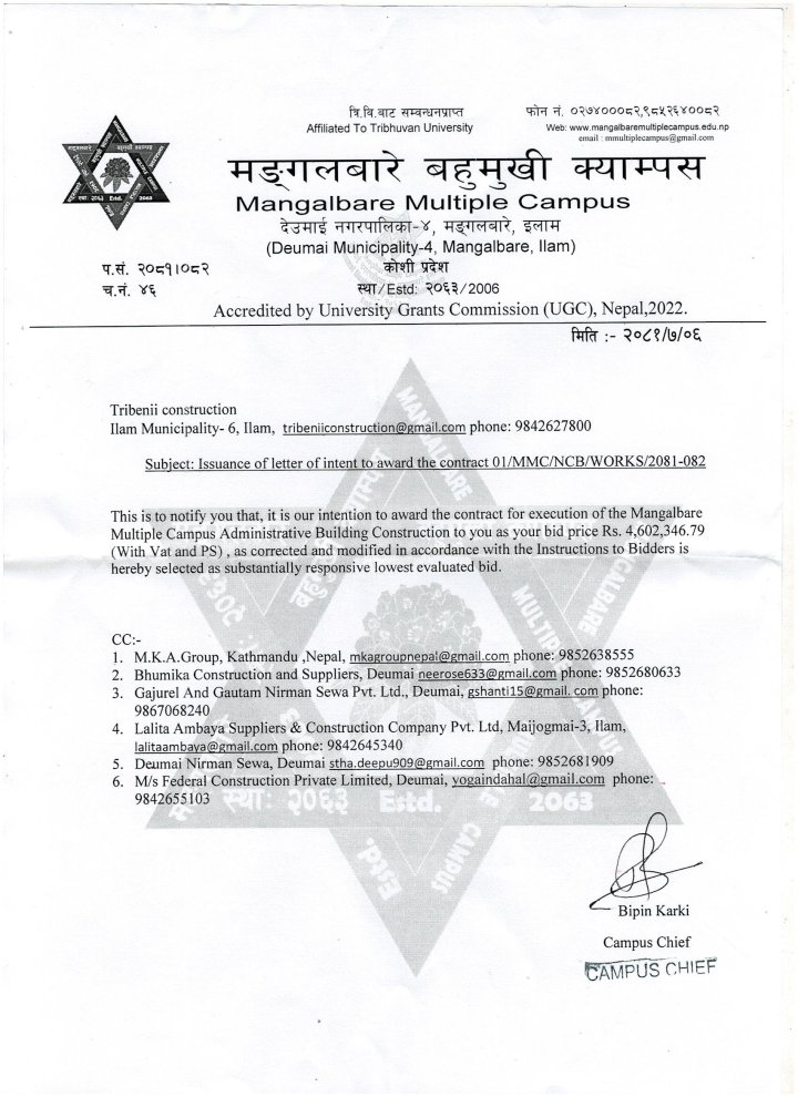 Issuance of Letter of intent to award the Contract 01/MMC/NCB/ WORKS/2081-082